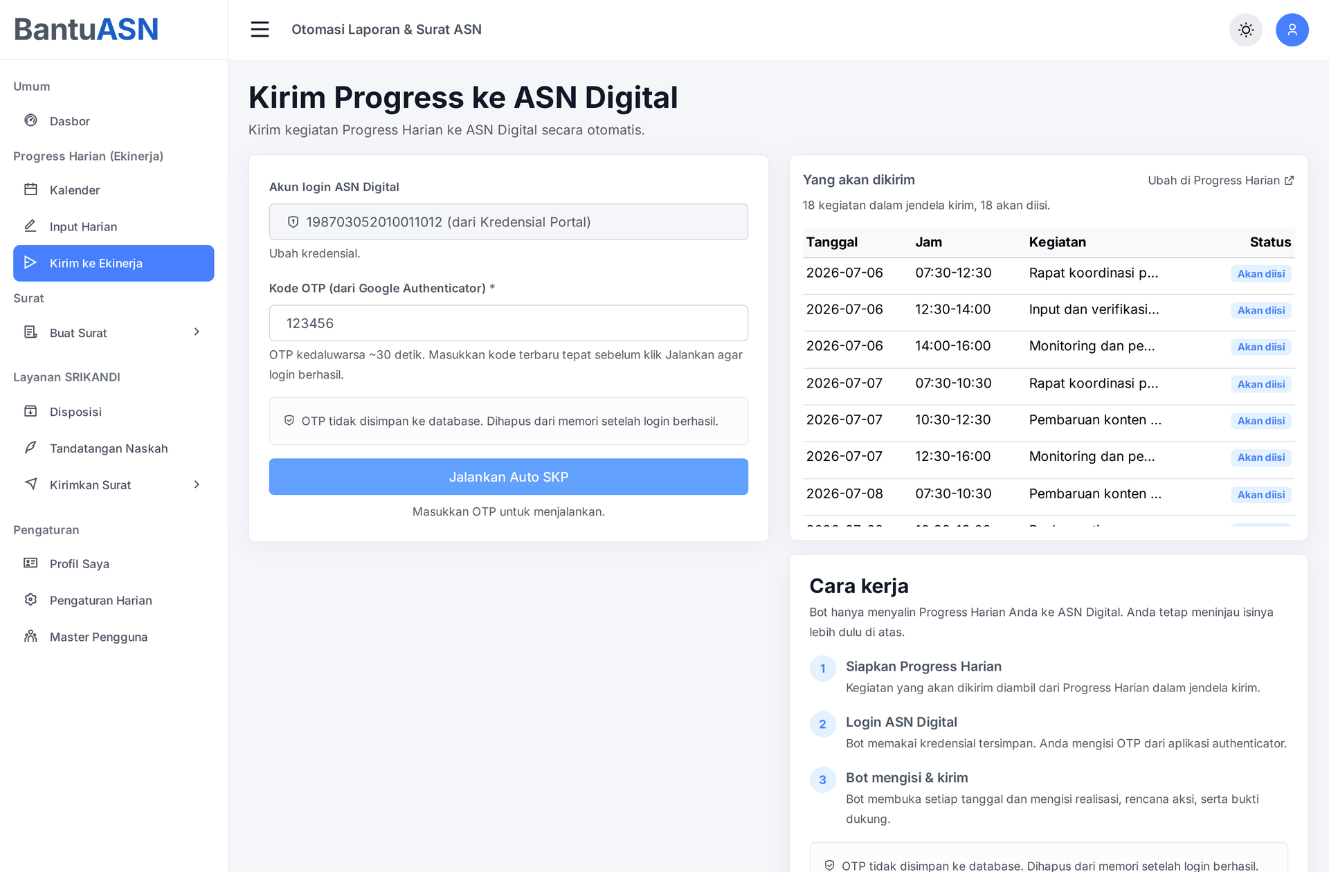 Layar Kirim ke Ekinerja: daftar kegiatan yang akan dikirim dan log langsung