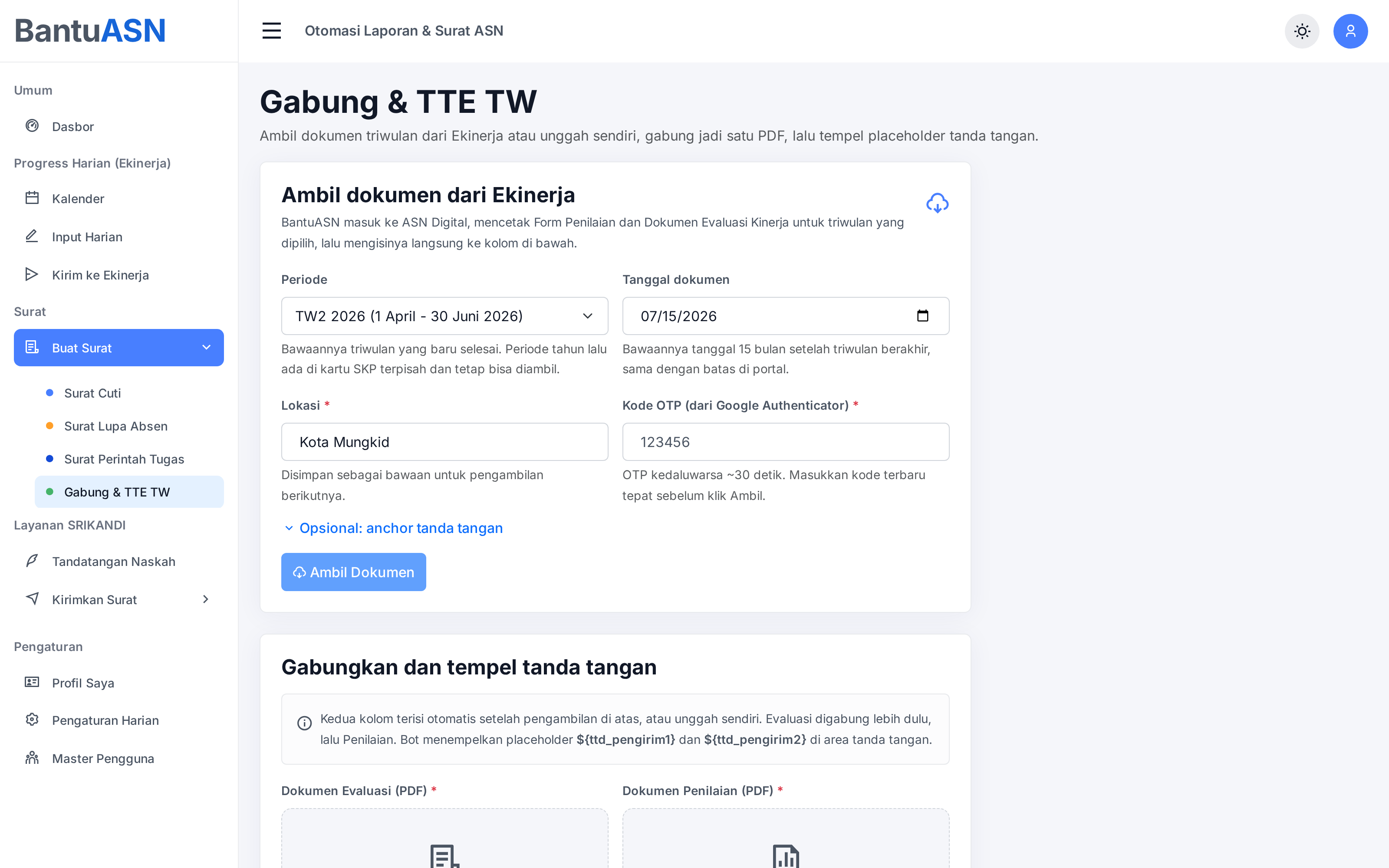 Halaman Gabung & TTE TW: ambil dokumen dari Ekinerja lalu gabungkan dan tempel tanda tangan