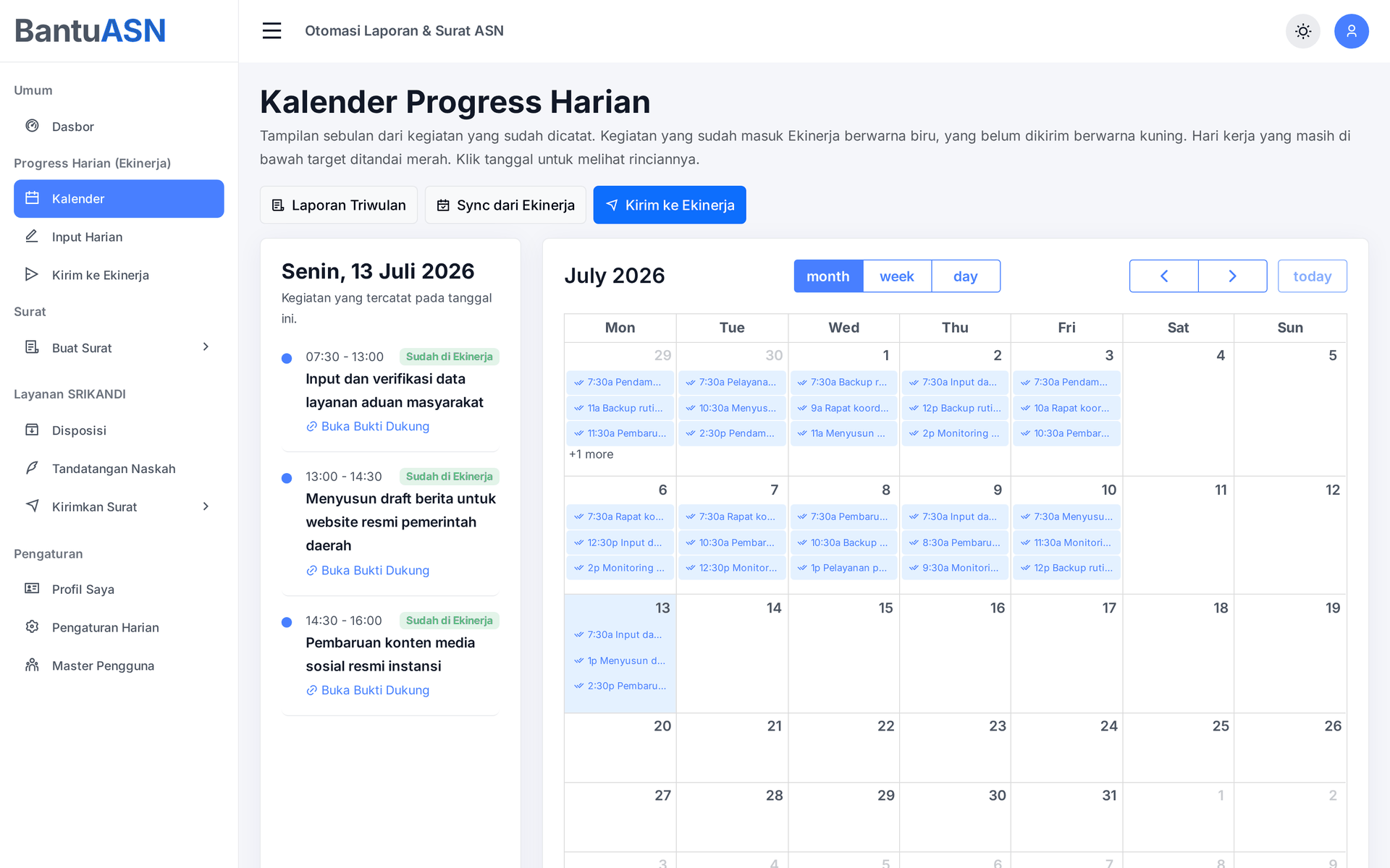 Kalender Progress Harian BantuASN dengan penanda status di setiap tanggal