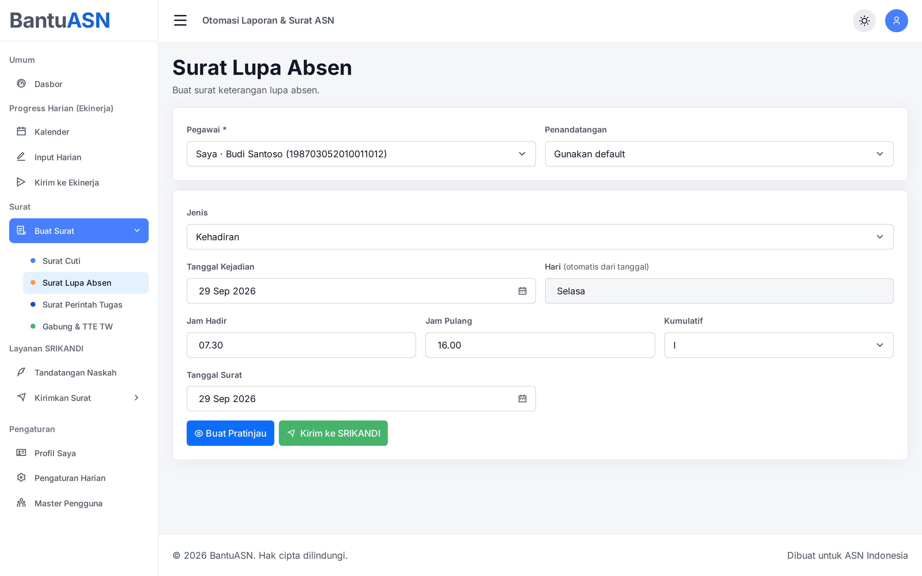 Form Surat Lupa Absen di BantuASN dengan data pegawai yang sudah tersimpan