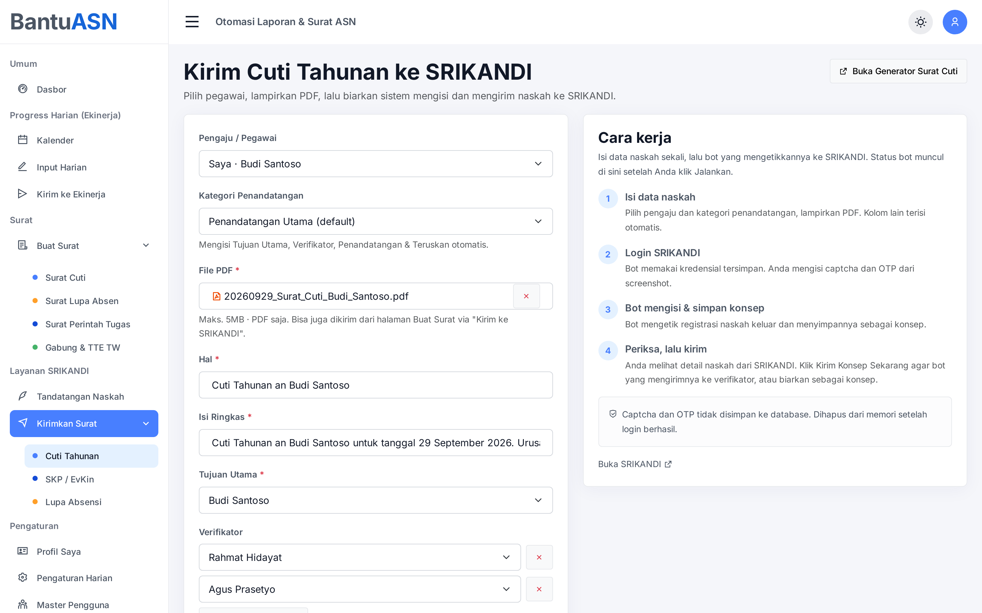 Menu Kirim Cuti Tahunan ke SRIKANDI yang sudah terisi dari surat