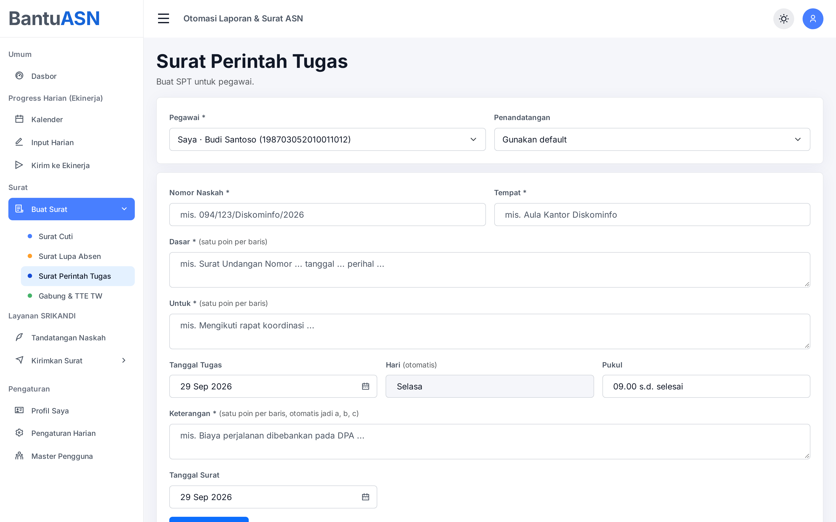 Form Surat Perintah Tugas di BantuASN dengan data pegawai yang sudah tersimpan