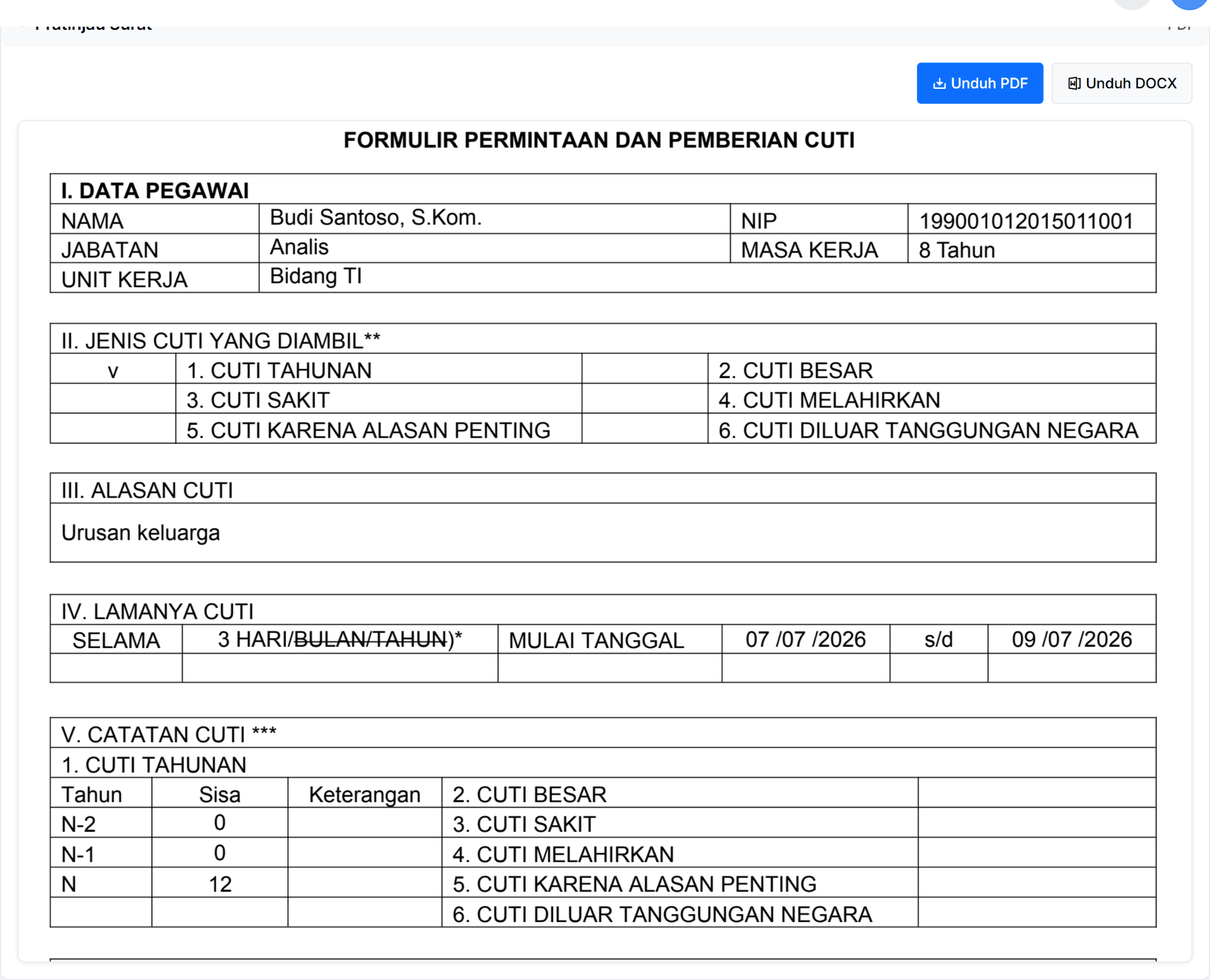 Pratinjau surat cuti siap cetak