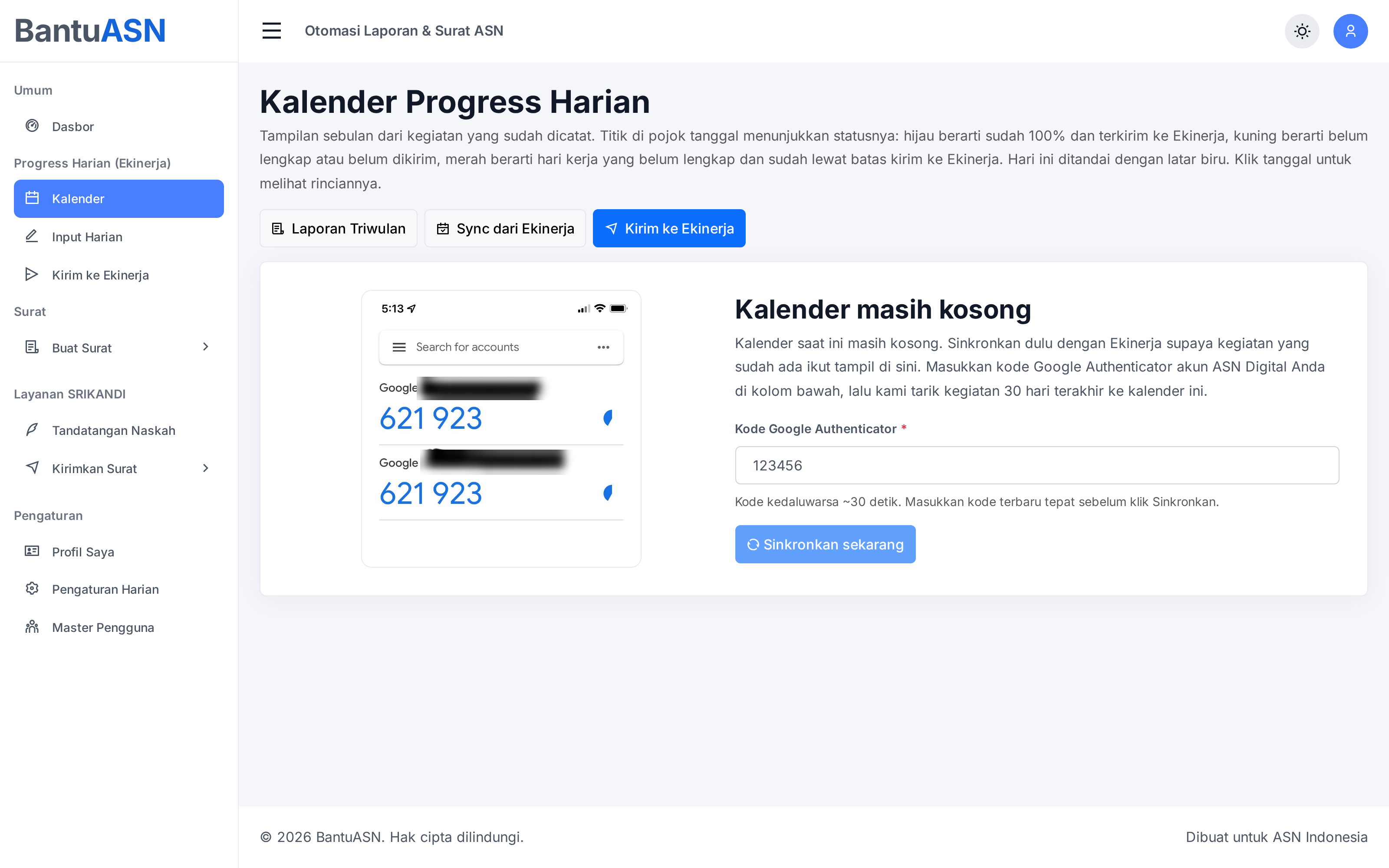 Kalender yang masih kosong menawarkan Sync dari Ekinerja dengan kode Google Authenticator